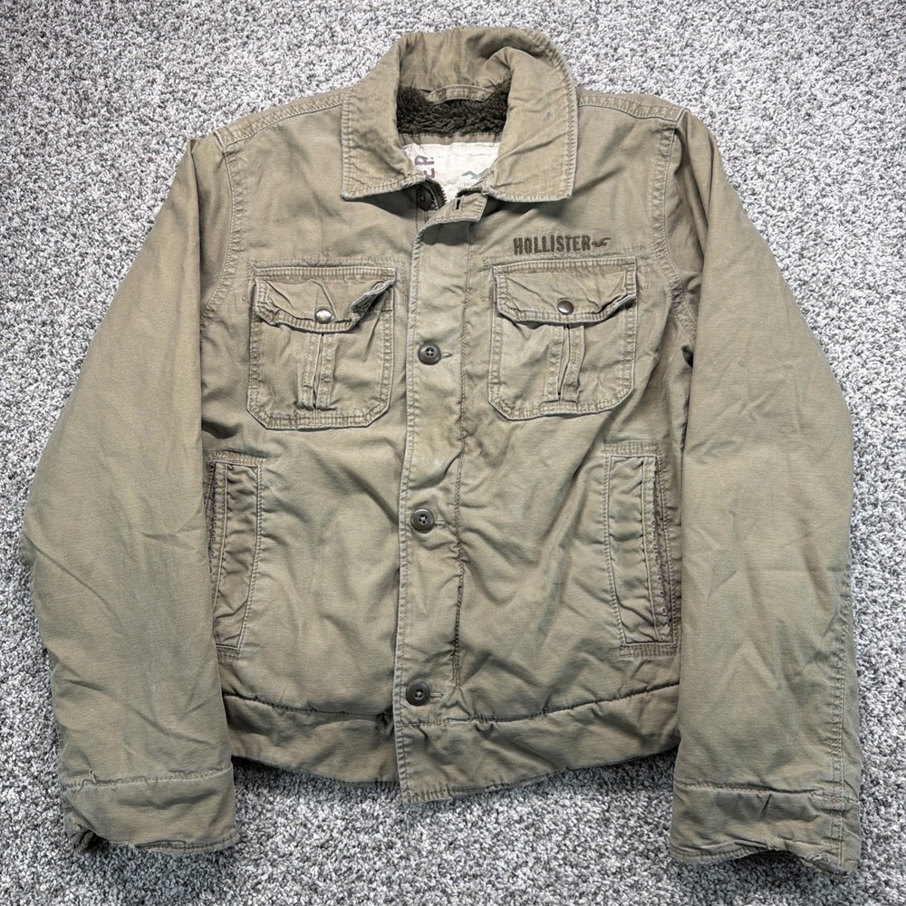 VTG Hollister Mens Size XL Distressed Khaki Military Style Faux Fur Lined Jacket